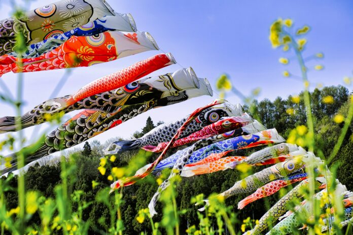 Koi Nobori werden für den Tag der Kinder in der Golden Week aufgehangen. (Foto von Leo Okuyama on Unsplash)